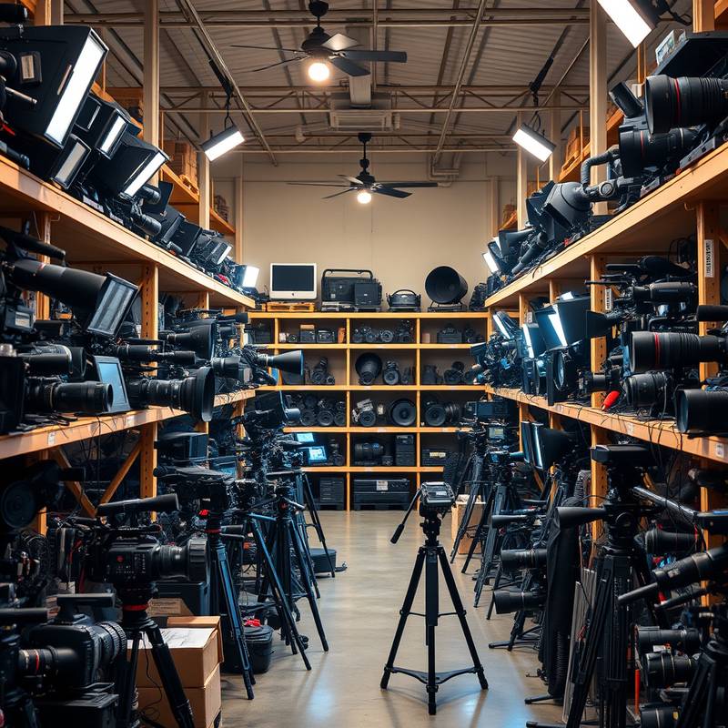 Alquiler de equipos de filmación mostrando una variedad de cámaras, luces, micrófonos y otros accesorios en un almacén