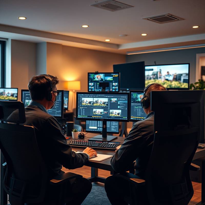 Servicio de edición de video con editores profesionales trabajando en estaciones de edición con múltiples pantallas